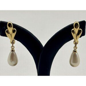 Vintage Crown Trifari Gold-Tone & Faux Pearl Drop Dangle Pierced Earrings Signed